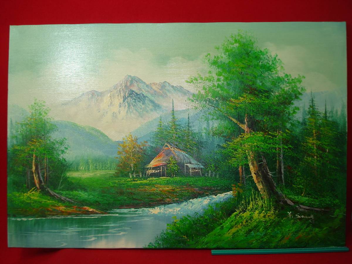 ★[Ippindo]★ Autograph S.KANG Dead Stock Oil Painting Landscape Painting Foreign Landscape Hand Painted Mountain and Mountain Hut Painting Old Painting Canvas Painting Rare Item KOREA /L, painting, oil painting, Nature, Landscape painting