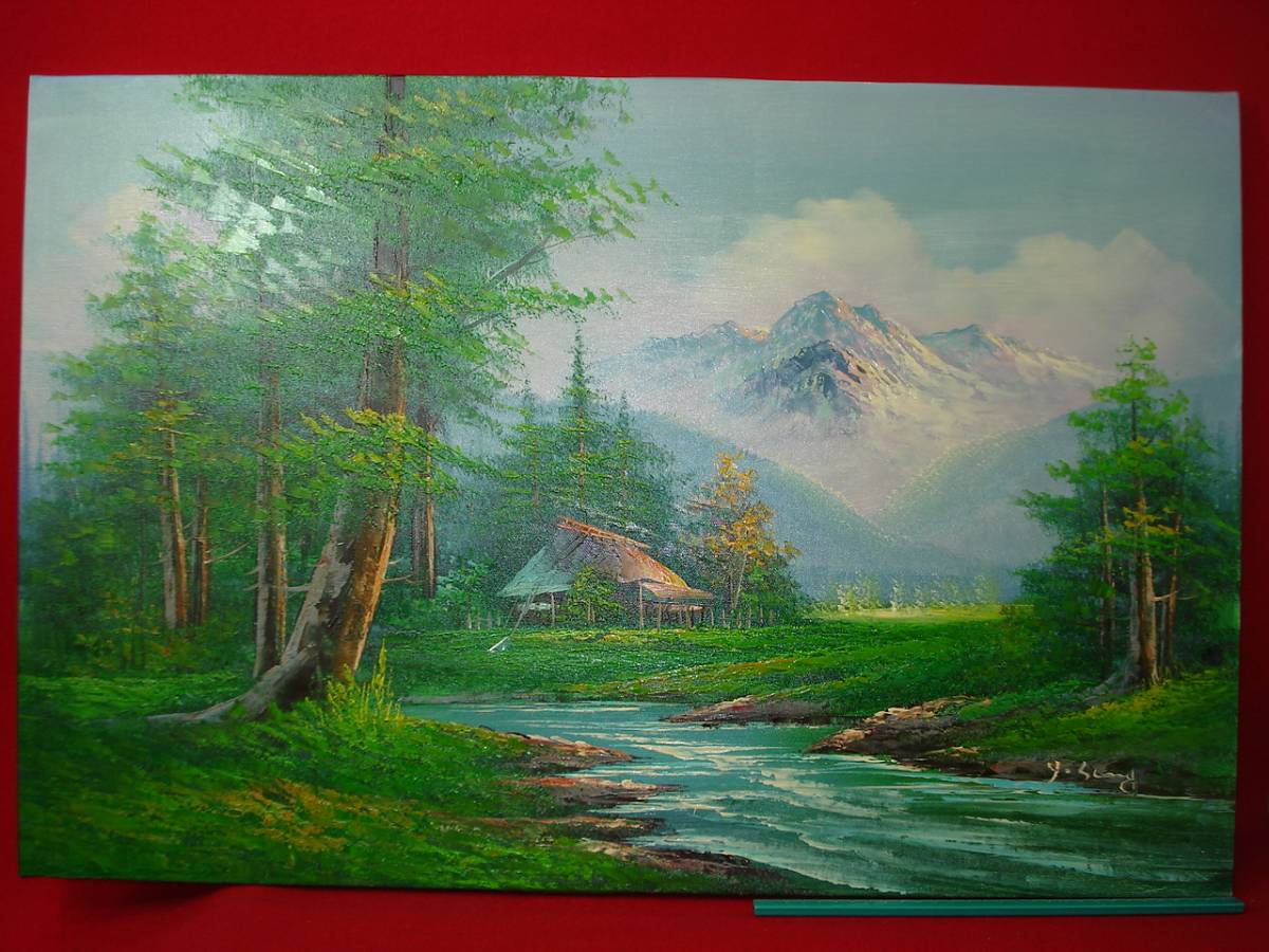 ★[Ippindo]★ Hand-signed S.KANG dead stock oil painting landscape painting foreign scenery hand-drawn painting mountain and mountain hut painting old painting canvas painting rare item KOREA /N, painting, oil painting, Nature, Landscape painting