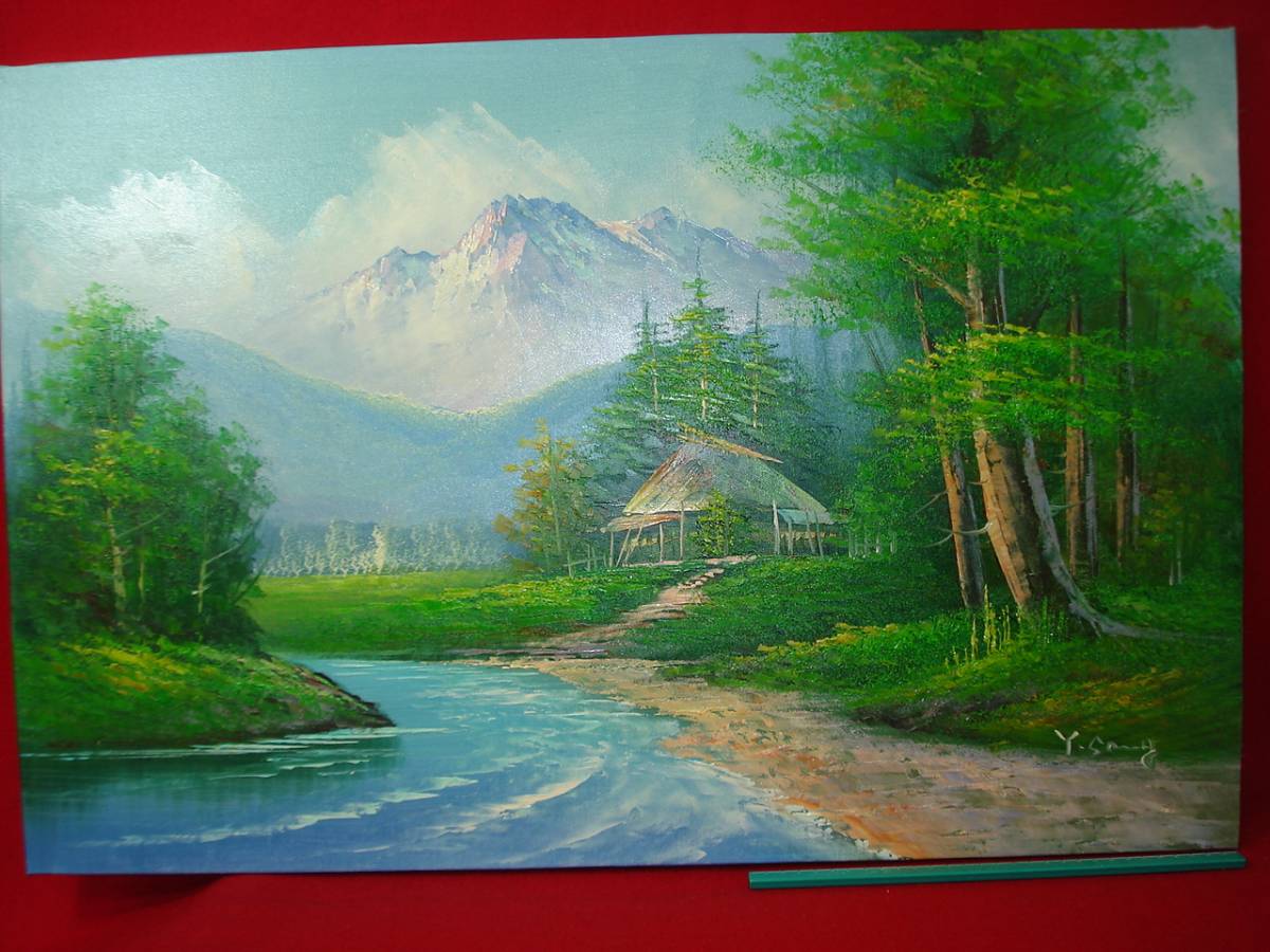 ★[Ippindo]★ Hand-drawn autograph S.KANG dead stock oil painting landscape painting foreign scenery hand-drawn painting mountain and mountain hut painting old painting canvas painting rare item KOREA /W, painting, oil painting, Nature, Landscape painting