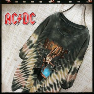 00's AC/DC タイダイ バンドTシャツ ツアー 半袖 古着 モスグリーン・カーキ メンズ レディース 0428