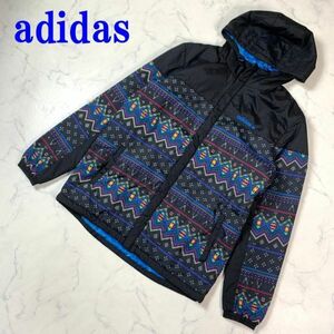 アディダス ナイロンジャンパー フード ノルディック柄 黒 adidas ブラック 総柄 Mサイズ相当 ０ C4224