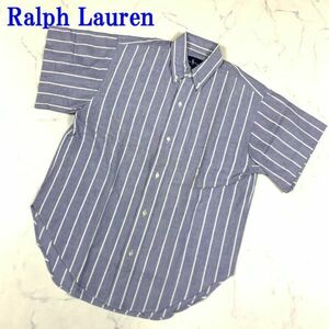 Ralph Laurenラルフローレンストライプ半袖シャツブルーコットン100％ ボタンダウンシャツ カジュアル ビジネス 7 C4461