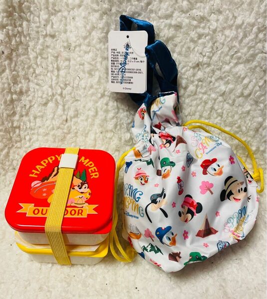 上海ディズニー限定　ミッキー＆チップ・デール巾着付きお弁当箱セット　キャンピング