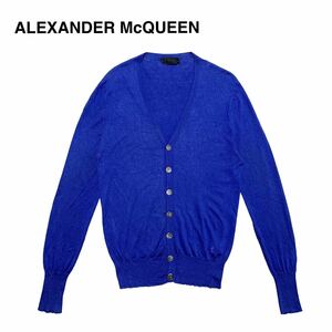 ☆アレキサンダーマックイーン ALEXANDER McQUEEN ワンポイント スカル刺繍 シルク カシミヤ ニット カーディガン 青 size M