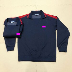 MJ294 ( used ) Aichi direction . name unknown jersey outer garment 2 point set / school year color red /2L/ long sleeve / navy blue × red 2 ps line /TOMBOW/ gym uniform / gym uniform / junior high school / high school 