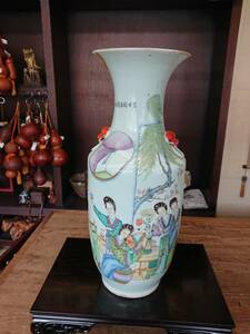 時代 中国青磁 美人画 花入れ 花瓶 青磁絵付け