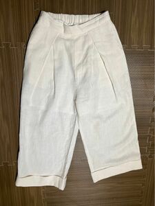 【未使用】レディース　麻のカジュアルパンツ　白色　七分袖 ワイドパンツ ウエストゴム