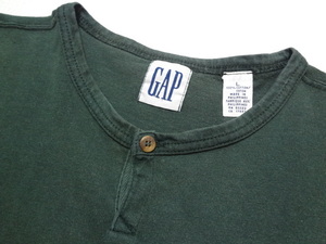 80s～90sデカタグ白タグ OLD GAPオールドギャップ ヘンリーネック 長袖Tシャツ ロンT カットソー グリーン Lサイズ 製品染めガーメントダイ