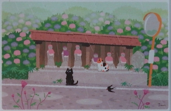可愛い猫の画家 もりとしのり額付ミニアート たびねこシリーズ｢雨の地蔵堂｣, 美術品, 絵画, その他