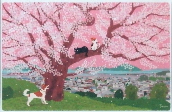 Mini art encadré du peintre de chats mignon Mori Toshinori, Série Travel Cat Fleurs de cerisier sur la colline, Ouvrages d'art, Peinture, autres