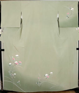 友禅訪問着 袷 正絹 薄緑 花 Lサイズ ki24107 新品 着物 レディース 公式行事 送料無料