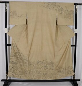 Art hand Auction Hand-woven Tsumugi Homongi Kimono, lined, pure silk, brown, green, hand-painted, pine, bamboo, plum, chrysanthemum, iris, S size, ki27753, unused, women's kimono, silk, 40s, 50s, 60s, free shipping, Women's kimono, kimono, Visiting dress, Ready-made