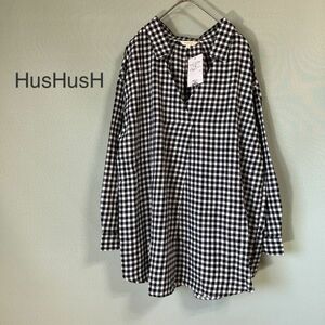 [ с биркой не использовался товар ]HusHush HusHush тянуть over блуза в клетку рубашка с длинным рукавом блуза женский M размер хлопок 100%