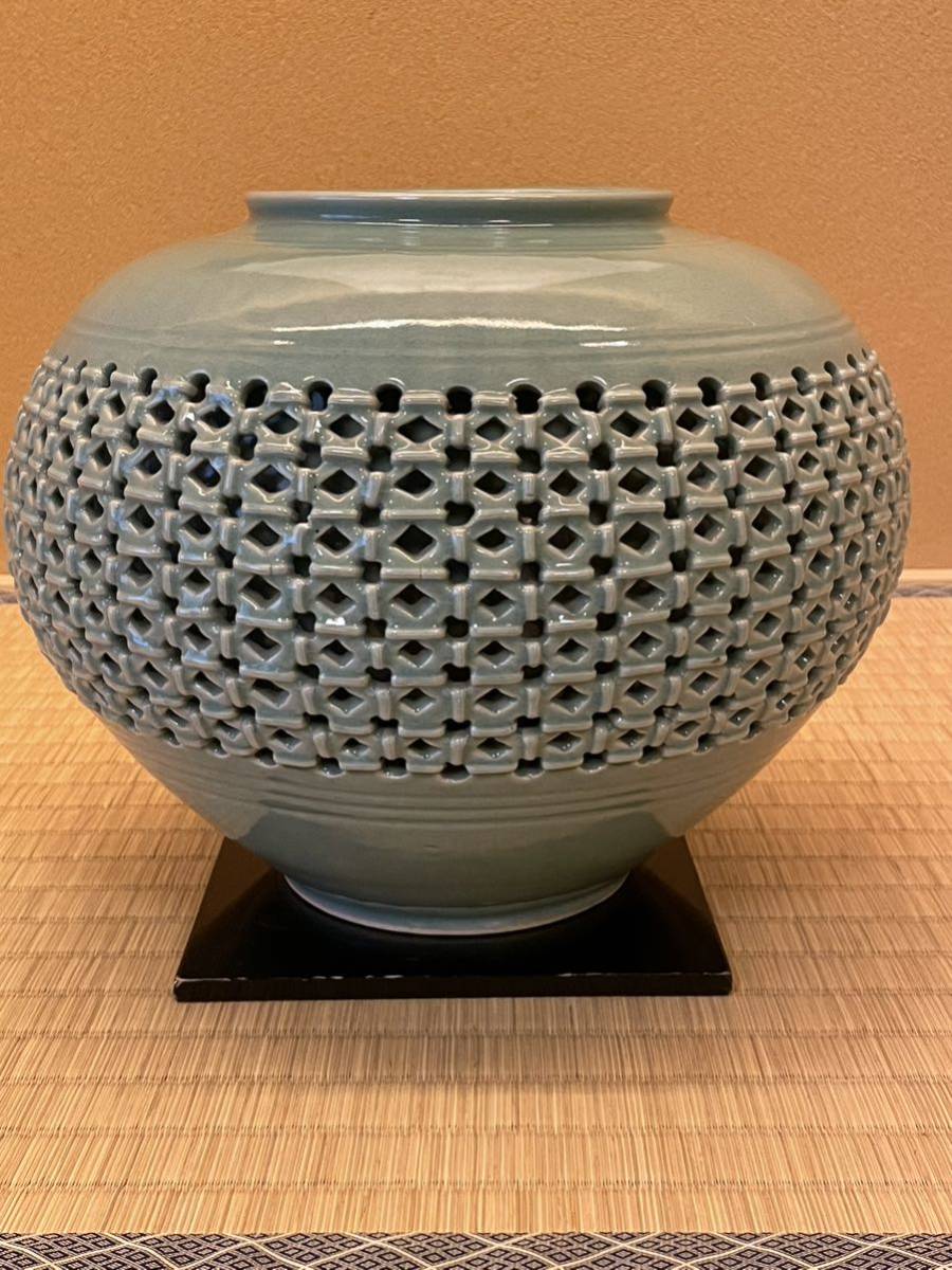未使用収集品 壺 青磁・飾り壺 木箱付き 幅39㎝ 12㎏ 1456 インテリア