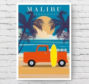 【フレーム付-白-】インテリアポスター アメリカン カリフォルニア イメージアート マリブビーチ MALIBU California A3サイズ as3