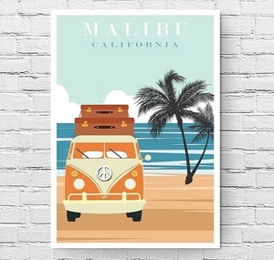 【フレーム付-白-】インテリアポスター アメリカン カリフォルニア イメージアート マリブビーチ MALIBU California A3サイズ as2