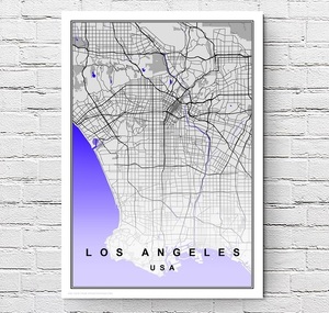 【フレーム付-白-】インテリアポスター アメリカン ロスアンゼルス 地図 アートポスター A3サイズ(297×420mm) as2