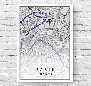 【フレーム付-黒-】インテリアポスター フランス パリ 地図 アートポスター Paris City Map A2サイズ(420×594mm) an2