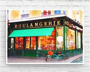 【フレーム付-白-】インテリアポスター フランス パリの風景 デジタルアートイラスト (街角のパン屋) A2サイズ(420×594mm) an5