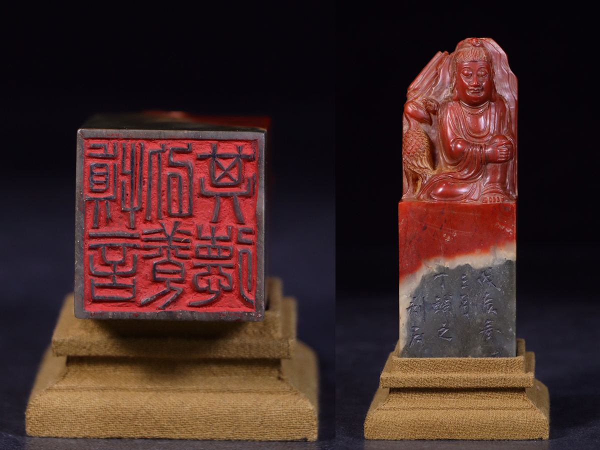 徳】旧家蔵出『信開作款 寿山石 芙蓉石彫り 施鉱物彩釈迦牟尼仏像 信開 ...
