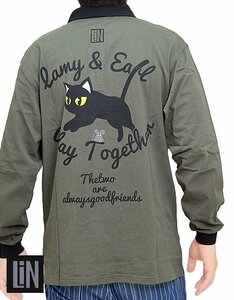 飛び猫ならぬ飛びラミ襟つきオーバーサイズポロシャツ◆LIN カーキLサイズ AL-75055 ラミ&アール 刺繍 黒猫 ネコ 鼠 ネズミ