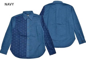 表裏一体切替レギュラー長袖シャツ「縞麻ノ葉」◆衣櫻 ネイビーMサイズ SA-1417 和柄 和風 日本製 国産 ロングスリーブ
