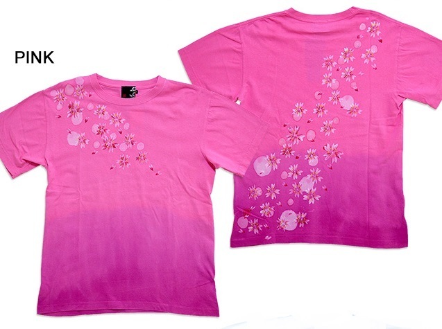 樱花风定制樱花窑染渐变短袖T恤◆蓝粉色L码日式图案日式樱花手绘, L号, 圆领, 有图案的