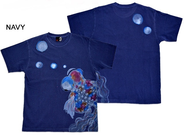 Mikaeri Demekin T-shirt à manches courtes teint par pigment ◆ Bleu marine Taille L Bleu Motif japonais Style japonais Peint à la main Artisan de Kyoto Poisson rouge Kintoto Manuscrit, Taille L, col rond, à motifs