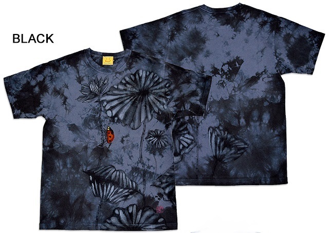 T-shirt manches courtes tie-dye lotus et coccinelle ◆ Bleu Noir taille XL Bleu motif japonais style japonais peint à la main artisan de Kyoto coccinelle coccinelle manuscrite, Taille XL et plus, col rond, à motifs