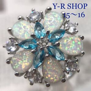 15号16号★ホワイトファイヤーオパール とブルートパーズのお花デザインゴージャスリング★レディース指輪シルバー 925刻印新品cz卸売ring