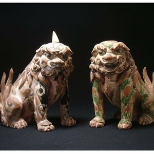 慶應◆厳選の時代仏教美術 江戸時代 木造彩色 狛犬一対 阿吽揃った見事な古作