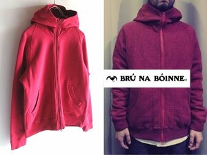 定番 BRU NA BOINNE ブルーナボイン ダブルジップ使用 ハイネックフード ラップアップジップパーカー スウェット S レッド 赤