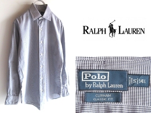 希少 90s-00sビンテージ Polo by Ralph Lauren ポロ ラルフローレン CURHAM コットン 千鳥格子チェック柄 シャツ S 14H ネイビー ホワイト