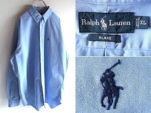 希少 90sビンテージ Ralph Lauren ラルフローレン BLAKE ポロポニーロゴ刺繍 コットンツイル BDシャツ XL ライトブルー ビッグサイズ