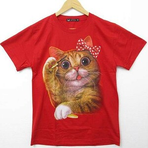 【送料無料】【新品】半袖Tシャツ かわいい猫Tシャツ ねこ 猫 CAT 三毛猫 招き猫 リボン 赤 Mサイズ ■管理番号L18210SSA18-180322-35-3