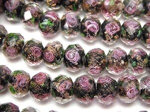 ■パーツ■とんぼ玉 ボタンカット10×10×7mm 薔薇（ローズ）模様 ブラック 約16cm