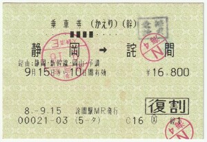 平成８年９月１５日から有効　乗車券（かえり・復割）　静岡→詫間　詫間駅発行（９月１６日静岡駅入鋏印・乗継請求印）　00021-03