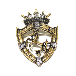 ラペルピン★ブローチ　馬　紋章　王冠　盾　ホース　クラウン　シールド　 エンブレム　ゴールド　pin-0748