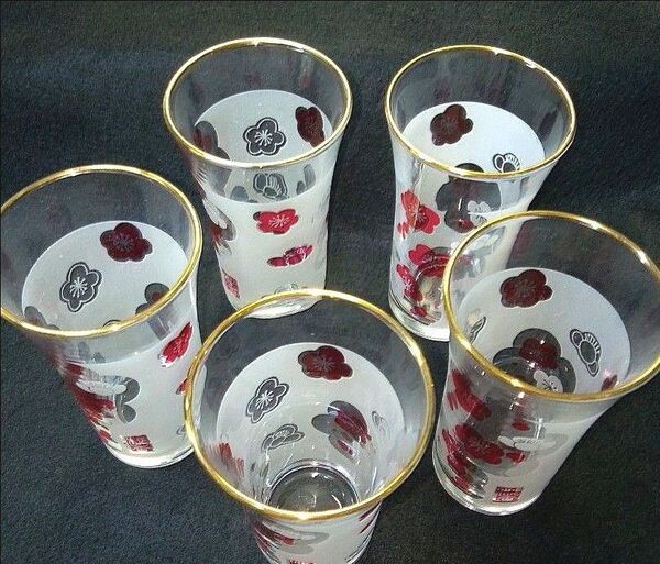 ビアグラス 梅の花柄 5個セット 金縁 ヴィンテージ 美品
