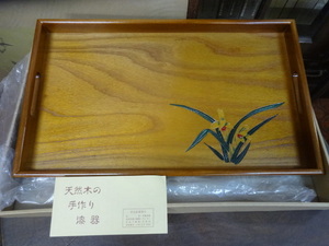 天然木の手作り漆器 お盆 木製 長方形 50.5×30.5センチ 長期保管品/未使用品