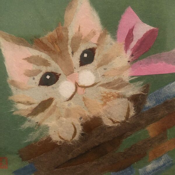可愛い猫のちぎり絵 和紙 額入り