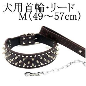 茶 M スタッズ 首輪&リード セット 大型犬用 首回り49~57cm前後 リード120cm クロコ型押し PUレザー トゲ ブラウン ペット 散歩 送料無料