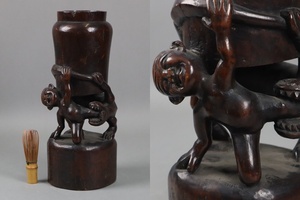 朝鮮美術 李朝木工 木彫 人物と獣 花瓶 置物 高35,5cm 時代 細密細工 古美術品[b215]