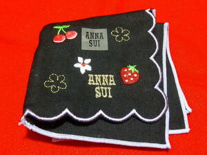 新品 ANNASUI アナスイ 送料140円から 黒 ダブルガーゼ さくらんぼ 苺 刺繍 ハンカチ タオル 綿100 未使用 タグ付 ブランド