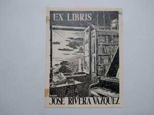 ｆ▼　蔵書票　EX-LIBRIS ESTRANGEIROS　1枚　印刷物　 JOSE RIVERA VAZQUEZ 本棚　窓　ピアノ　机　/K99①-24