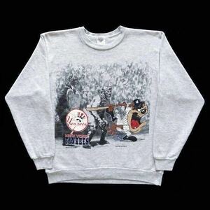 90s vintage USA製 N.Y.YANKEES×TASMANIAN DEVIL プリント スウェット 長袖 heather-gray size M 希少 ヤンキース タズマニアン・デビル