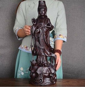 ★仏教美術 木彫仏像 精密細工 木彫り　黒檀木 観音菩薩像　仏像　置物 高さ30cm