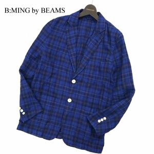 B:MING by BEAMS ビームス 春夏 麻 リネン100％★ チェック テーラード ジャケット ブレザー Sz.46　メンズ ネイビー 日本製　A3T02240_3#M