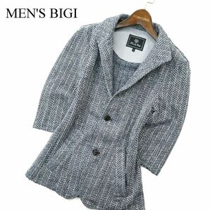 MEN'S BIGI メンズビギ 春夏 襟ワイヤー★ 7分袖 ヘリンボン ラッセル テーラード ジャケット Sz.S メンズ ネイビー 日本製 A3T02253_3#Mの画像1