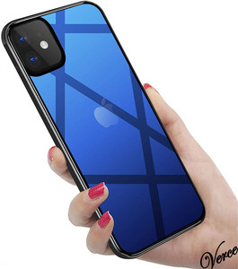【鮮やかなブルー透明グラデーション】 背面ガラスケース iPhone 12 Pro 6.1インチ TPU ストラップホール 耐衝撃 指紋防止 グリップ感